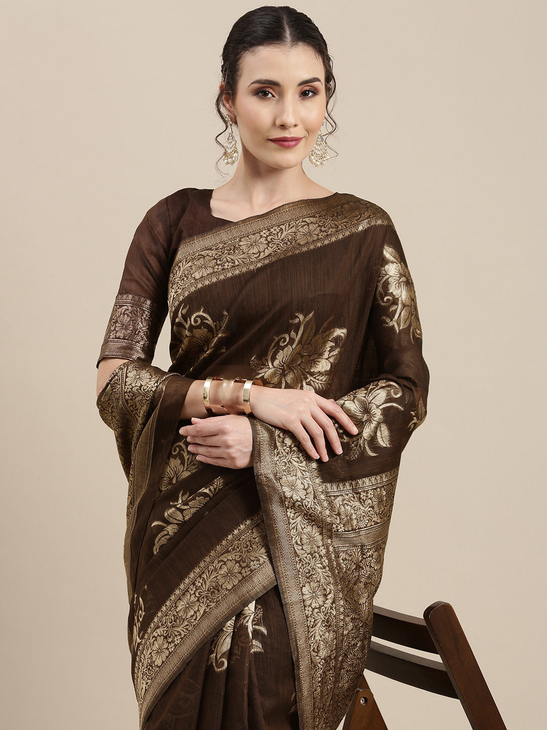 Saree Mall Brown Floral Linen Blend Banarasi Saree | Grocsy