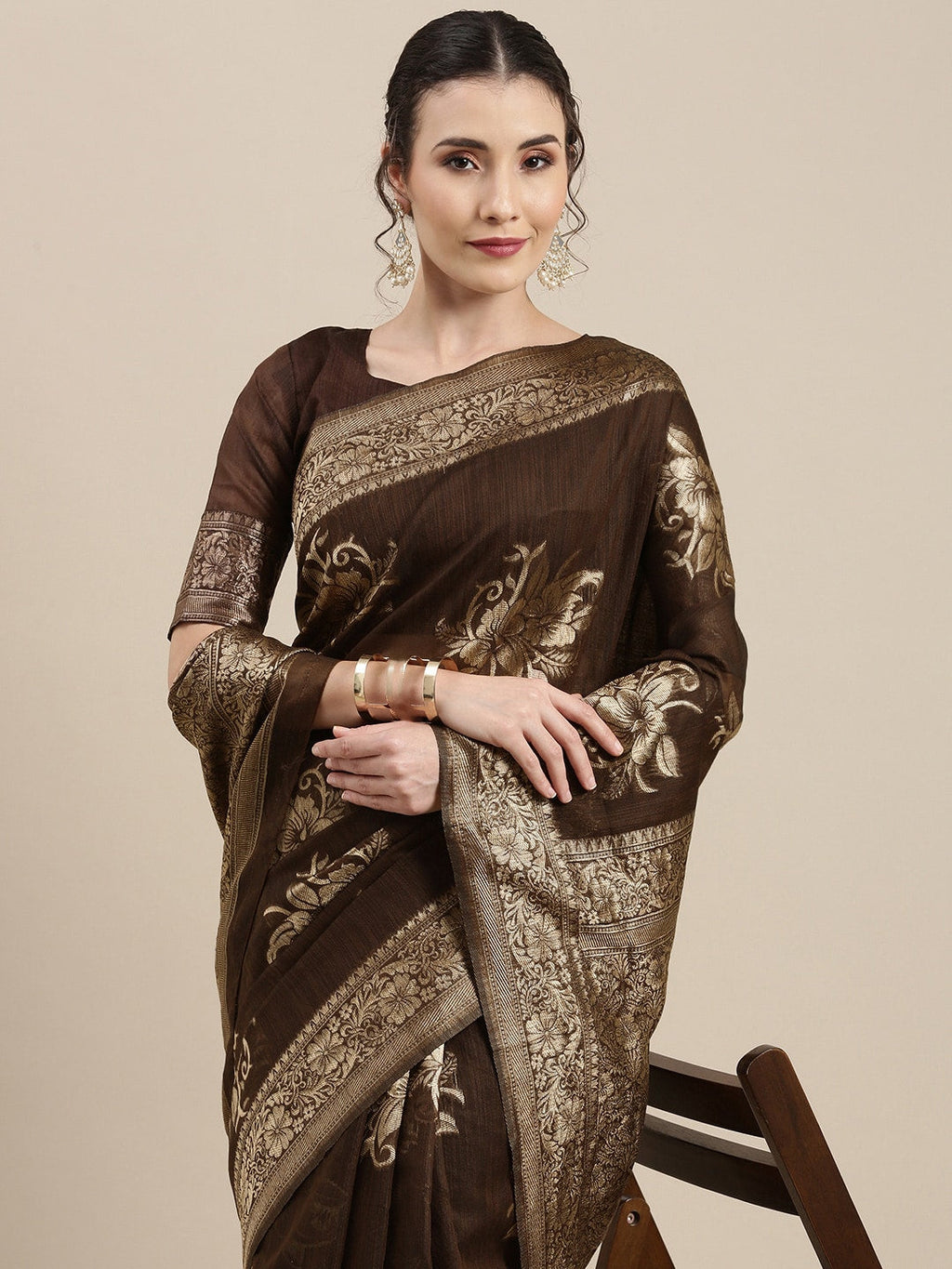 Saree Mall Brown Floral Linen Blend Banarasi Saree | Grocsy