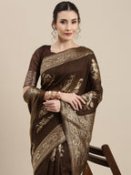 Saree Mall Brown Floral Linen Blend Banarasi Saree | Grocsy