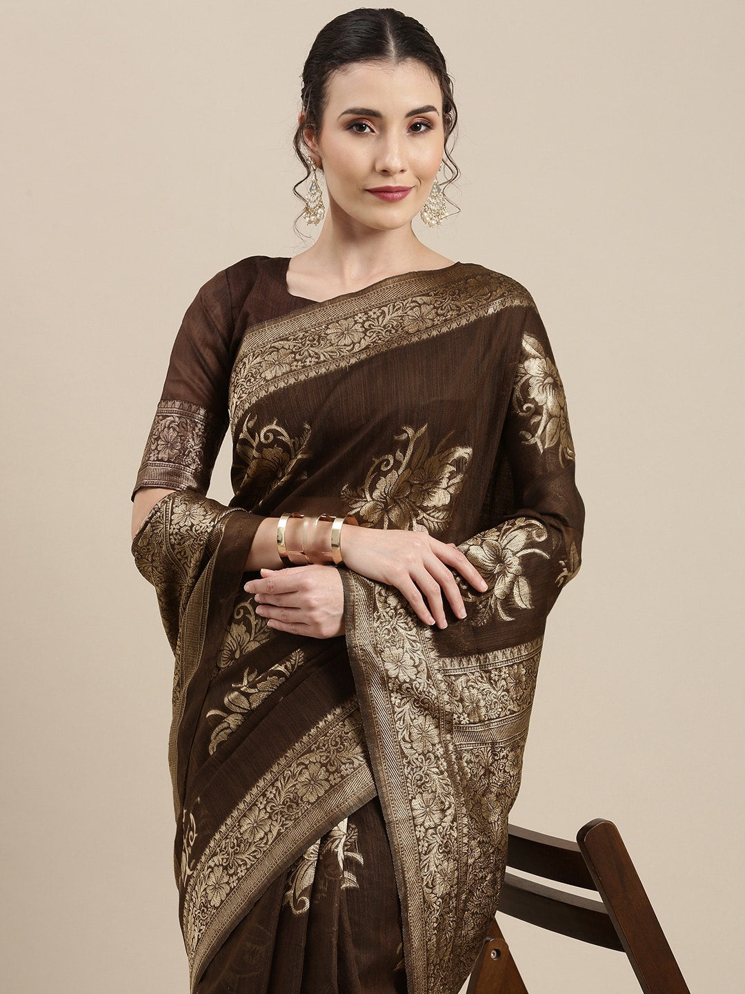 Saree Mall Brown Floral Linen Blend Banarasi Saree | Grocsy