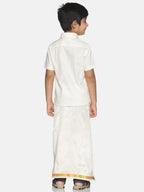 Sethukrishna Boys Cream-Coloured Solid Shirt with Veshti Set | Grocsy