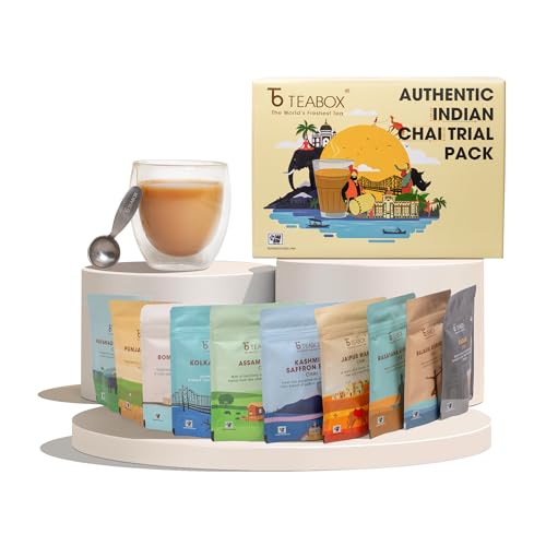 Teabox Premium Authentic Indian Spiced Chai Tea Trial Pack, 10 Exotic Varieties of Chai, 30G Each, 100% Real Ingredients. No Artificial Flavors | Crafted in Small Batches | Grocsy