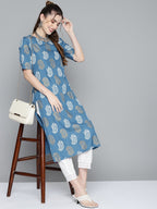 HERE&NOW Women Blue & Golden Paisley Printed Straight Kurta | Grocsy