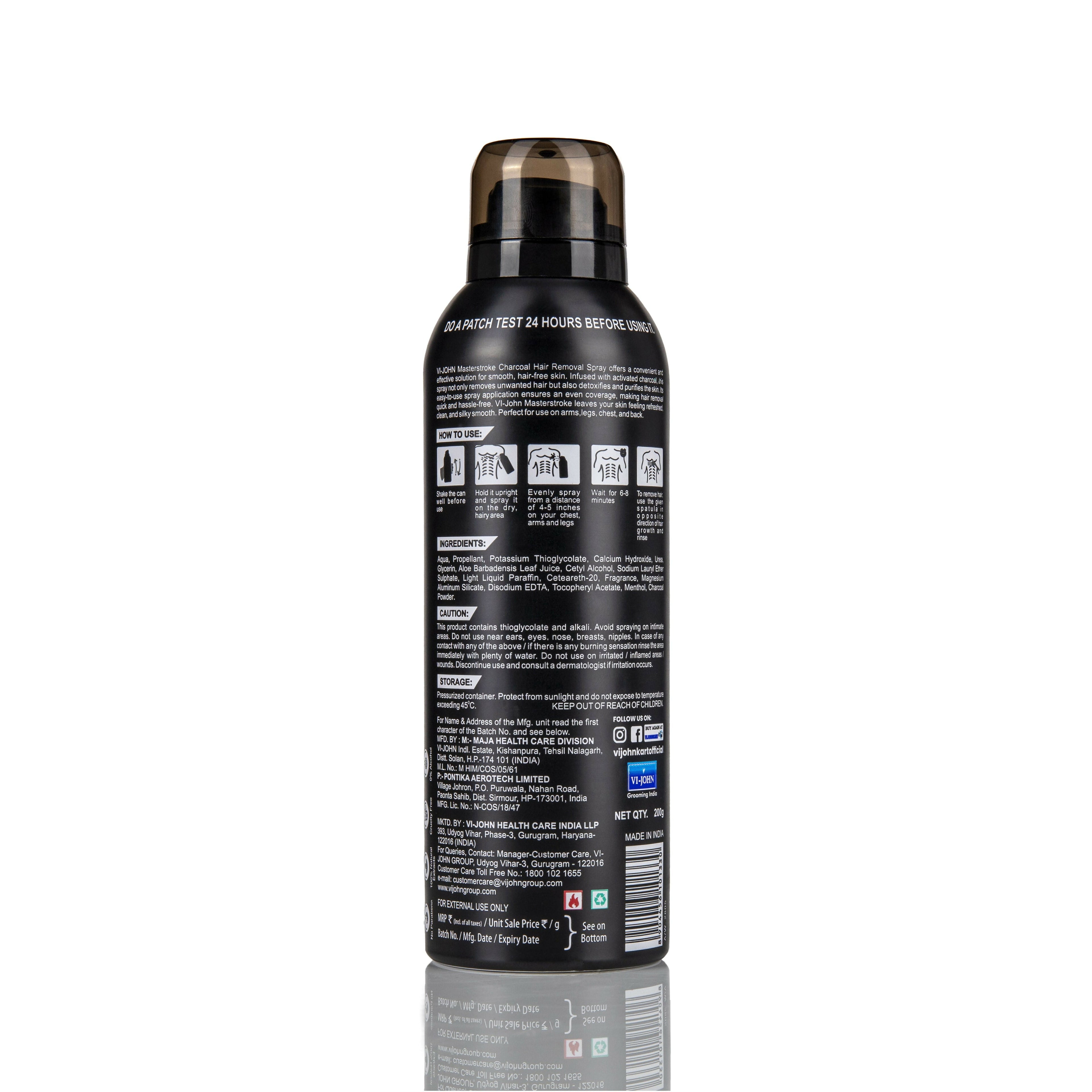 VI-JOHN Dermatologically Tested Master Stroke Charcoal & Aloevera Hair Removal Spray For Men | Grocsy