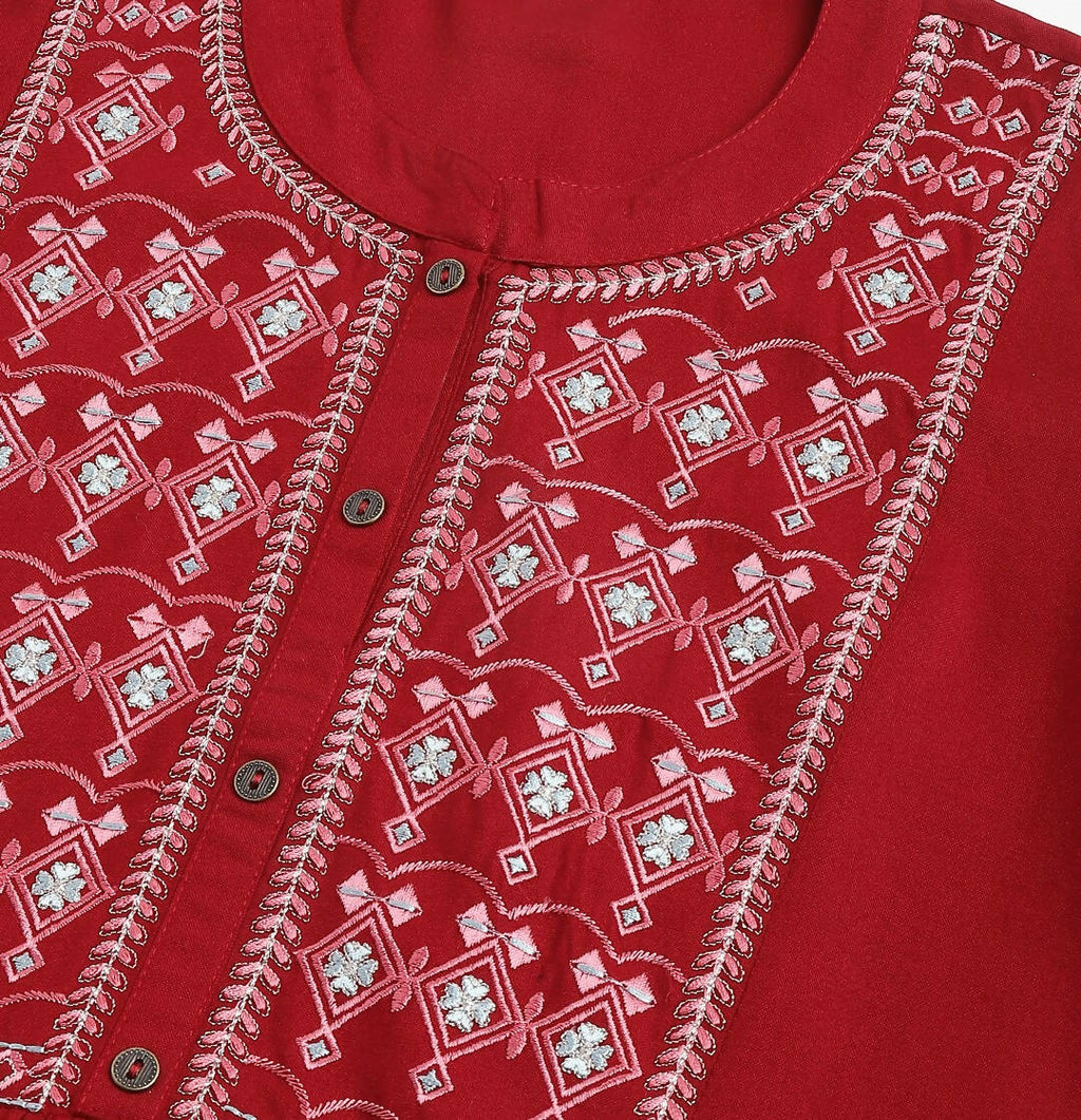 Red Rayon Yoke Embroidered A-line Top - Tarini | Grocsy
