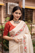 White Pure Linen Woven Design Saree with Unstitched Blouse - A2M | Grocsy