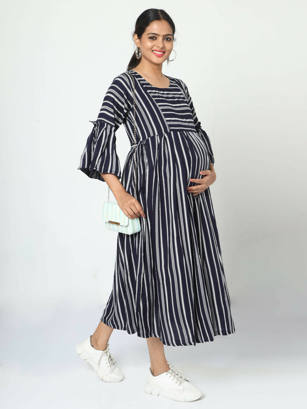 Manet Three Fourth Maternity Dress With Concealed Zipper Nursing Access - Navy Blue | Grocsy