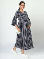 Manet Three Fourth Maternity Dress With Concealed Zipper Nursing Access - Navy Blue | Grocsy