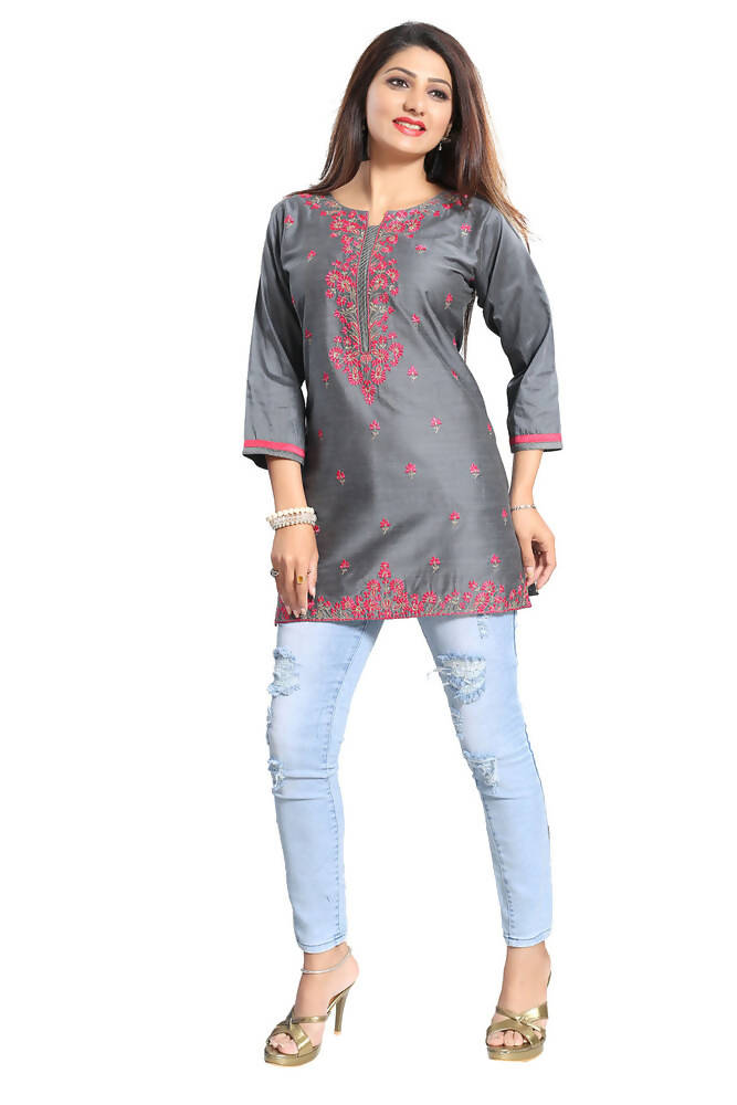 Snehal Creations Elegant Gray Short and Straight Raw Silk Tunic | Grocsy