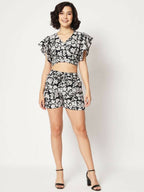 Black Crepe Floral Printed Top with Matching Shorts Set - Shivani | Grocsy