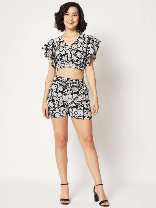 Black Crepe Floral Printed Top with Matching Shorts Set - Shivani | Grocsy