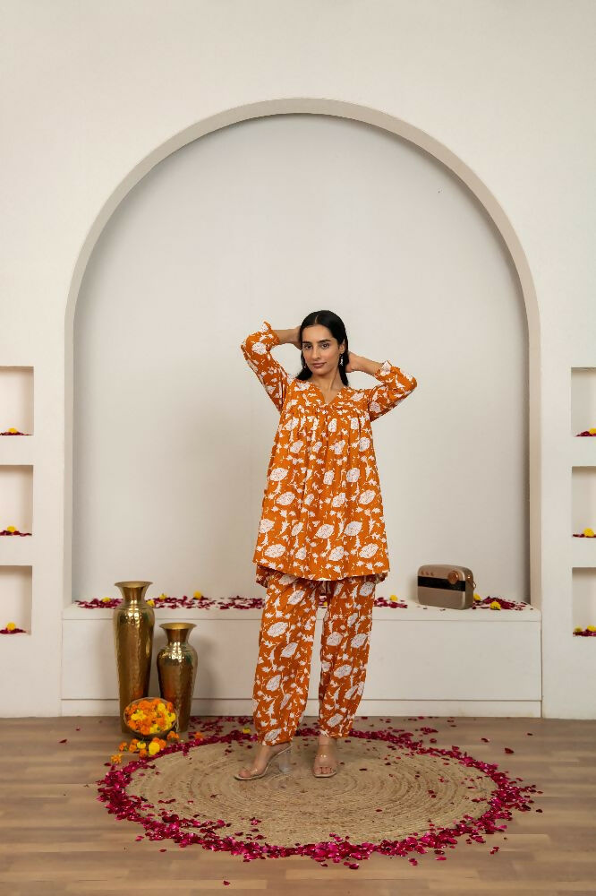 Joban Fashion Peach Hand Block Print Cotton Kurta Set | Grocsy