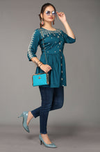 Women's Teal Viscose blend Embroidered Short Top - Marina | Grocsy