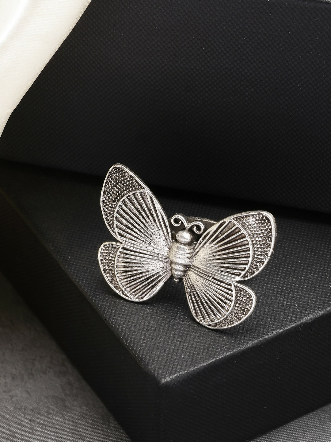 NVR Women's Silver-Toned Butterfly Shape Adjustable Finger Ring | Grocsy