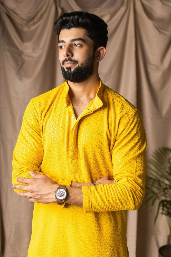 Light Yellow Rayon Thread Embroidery Work Kurta Set - Mahotsav | Grocsy