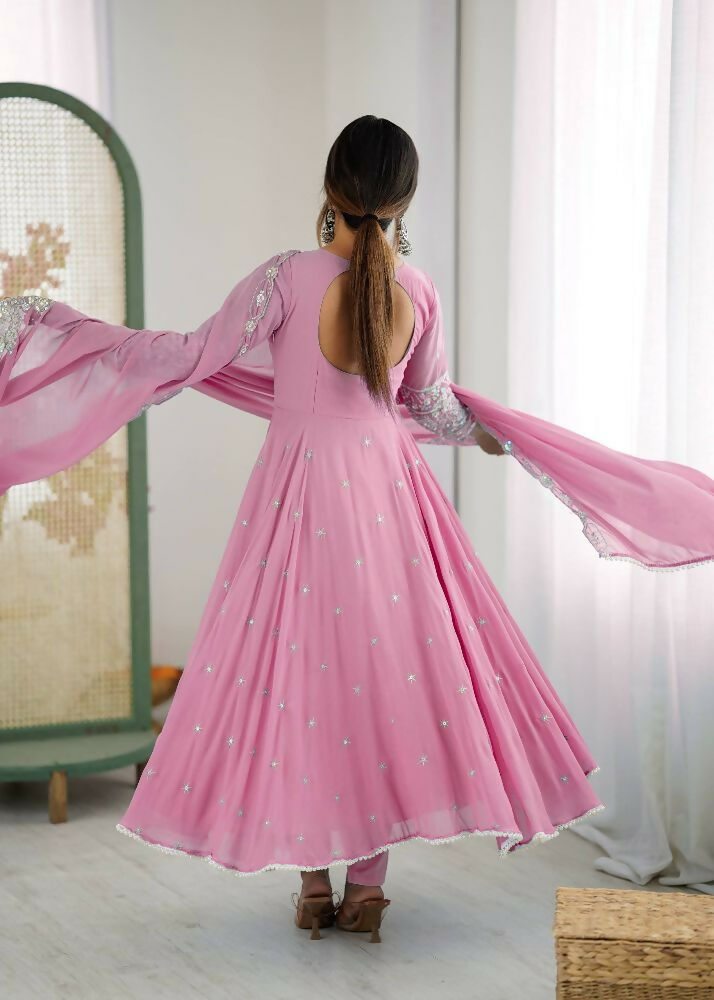 Teeya Creation Baby Pink Color Faux georgette Embroidery Work Wedding Wear Gown | Grocsy