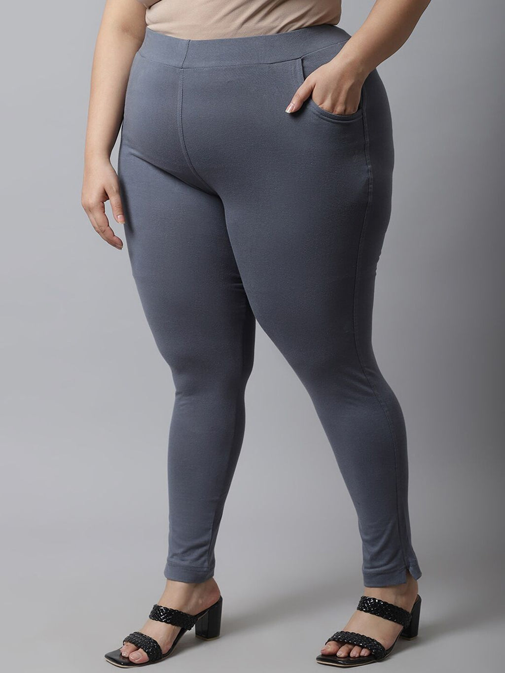 TAG 7 Women Plus size Grey Solid Cotton Ankle-Length Leggings | Grocsy