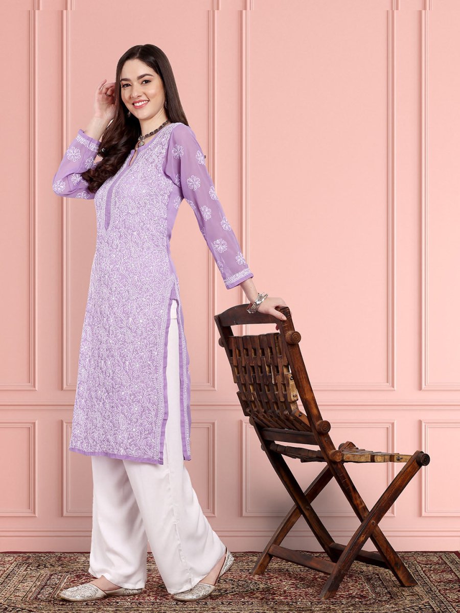 ADA Women Purple & White Ethnic Motifs Embroidered Chikankari Georgette Kurta | Grocsy