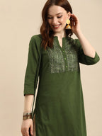 All About You Women Olive Green Geometric Yoke Design Pure Cotton Kurta | Grocsy