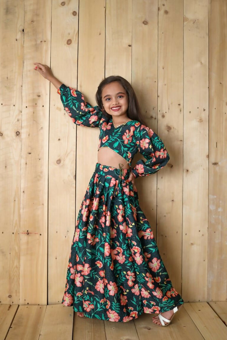 Aayaa Designer Printed Chinon Crochet Sequance Kids Lehenga Choli - Green | Grocsy