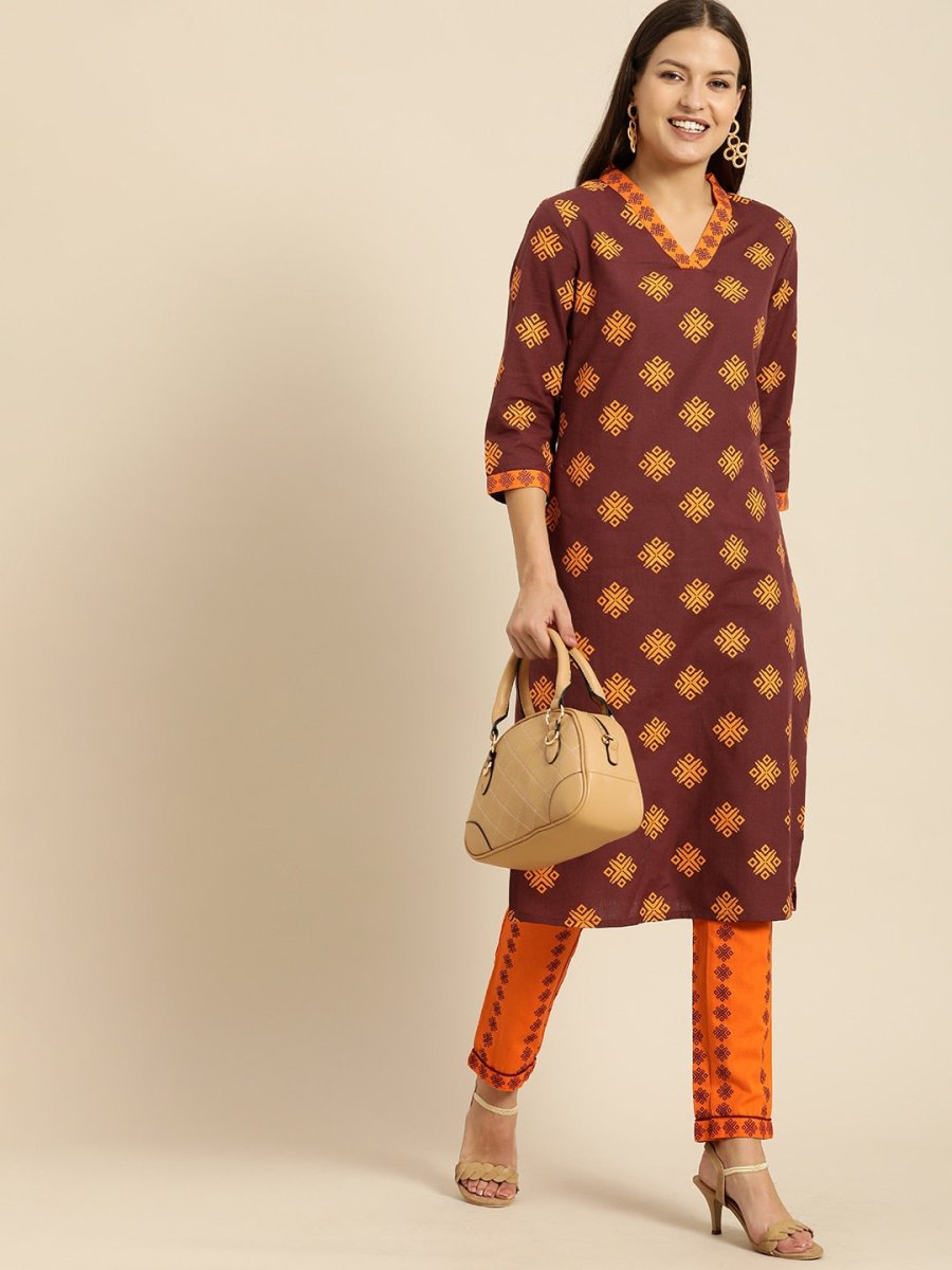 All About You Women Maroon Ethnic Motifs Printed Kurta with Printed Trousers | Grocsy