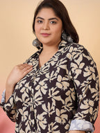 Sztori Plus Size Floral Printed Shirt Collar Roll-Up Sleeves Crepe Pathani Kurta | Grocsy