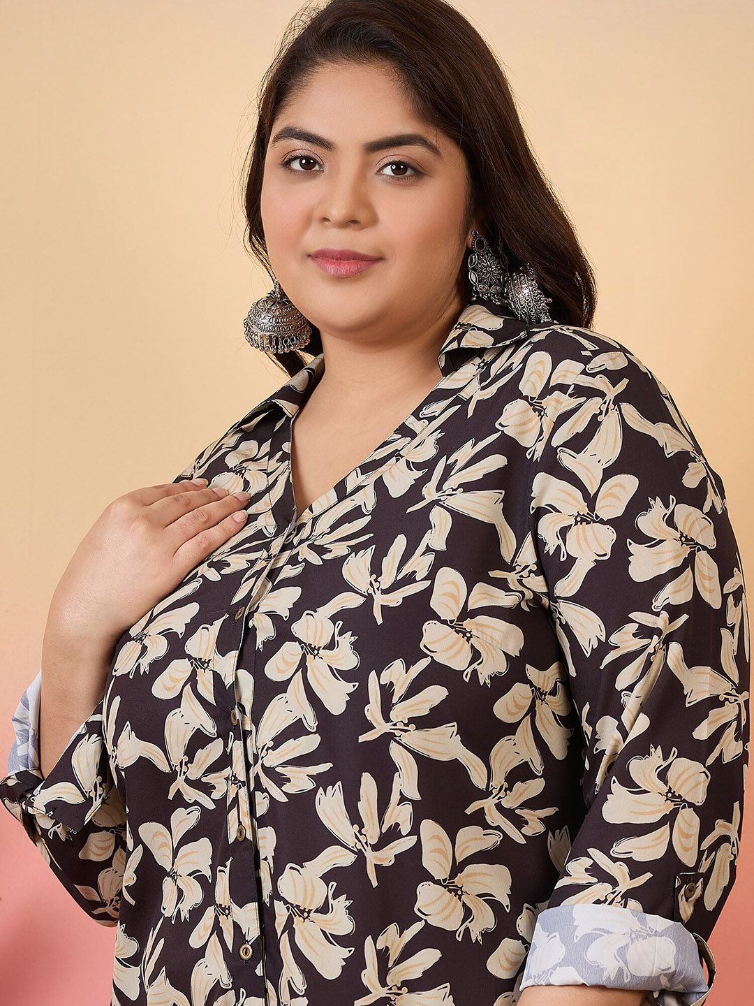 Sztori Plus Size Floral Printed Shirt Collar Roll-Up Sleeves Crepe Pathani Kurta | Grocsy