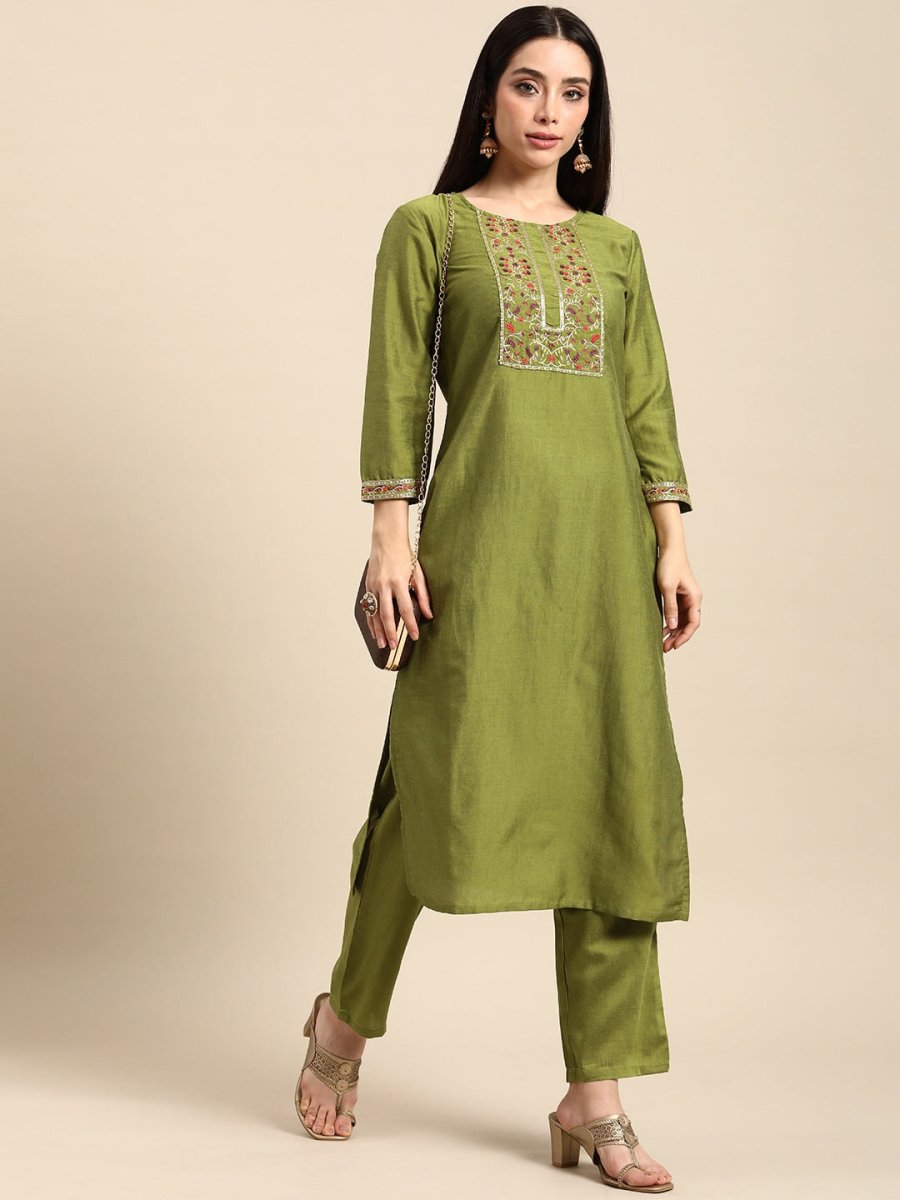 All About You Women Ethnic Motifs Embroidered Sequinned Kurta With Trousers | Grocsy