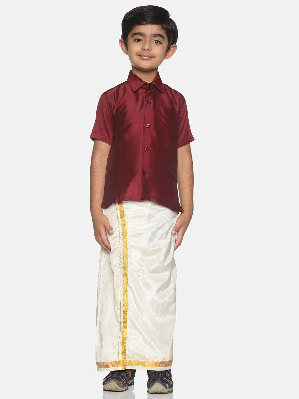 Sethukrishna Boys Maroon & White Solid Shirt and Veshti Set | Grocsy
