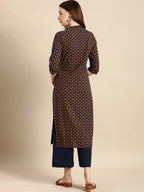 All About You Women Navy Blue & Gold-Toned Ethnic Motifs Printed Regular Kurta | Grocsy