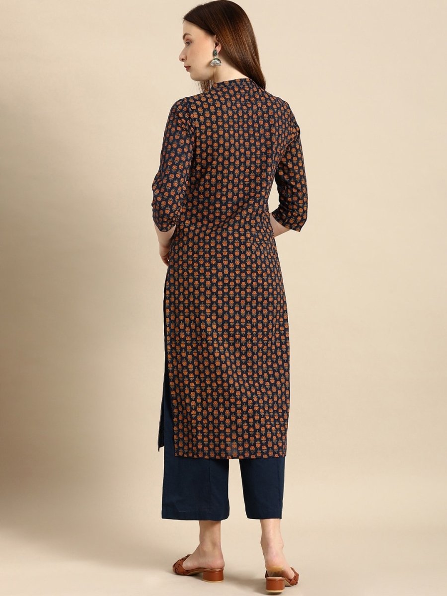 All About You Women Navy Blue & Gold-Toned Ethnic Motifs Printed Regular Kurta | Grocsy
