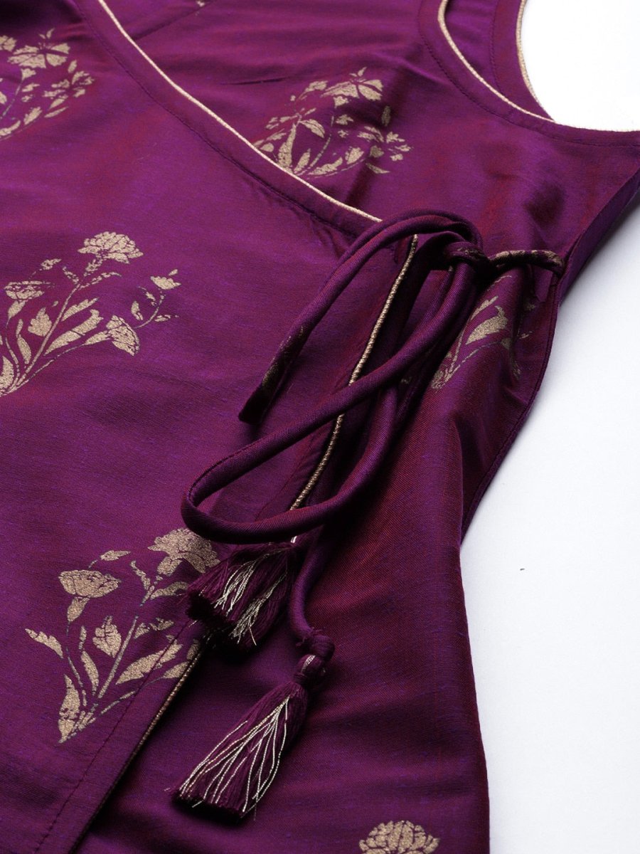 All About You Women Purple Ethnic Motifs Foil Printed Angrakha Kurta Set | Grocsy