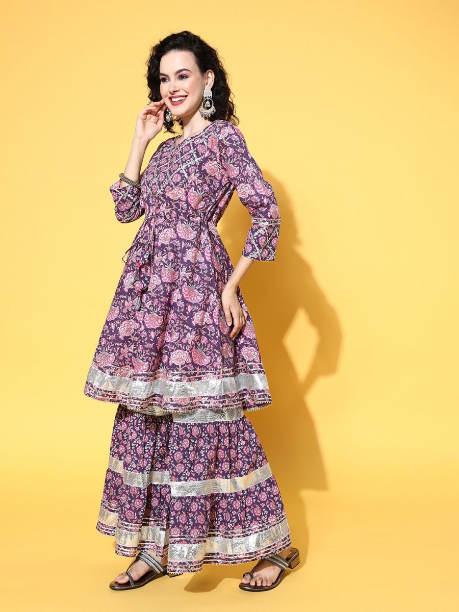 All About You Women Purple Floral Printed Regular Gotta Patti Pure Cotton Kurta with Sharara | Grocsy