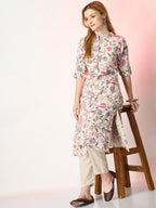 Sangria Off White Floral Printed Mandarin Collar Cotton A-Line Kurta | Grocsy