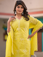 Sangria Yellow Embroidered Pure Cotton Straight Kurta With Trouser & Dupatta | Grocsy