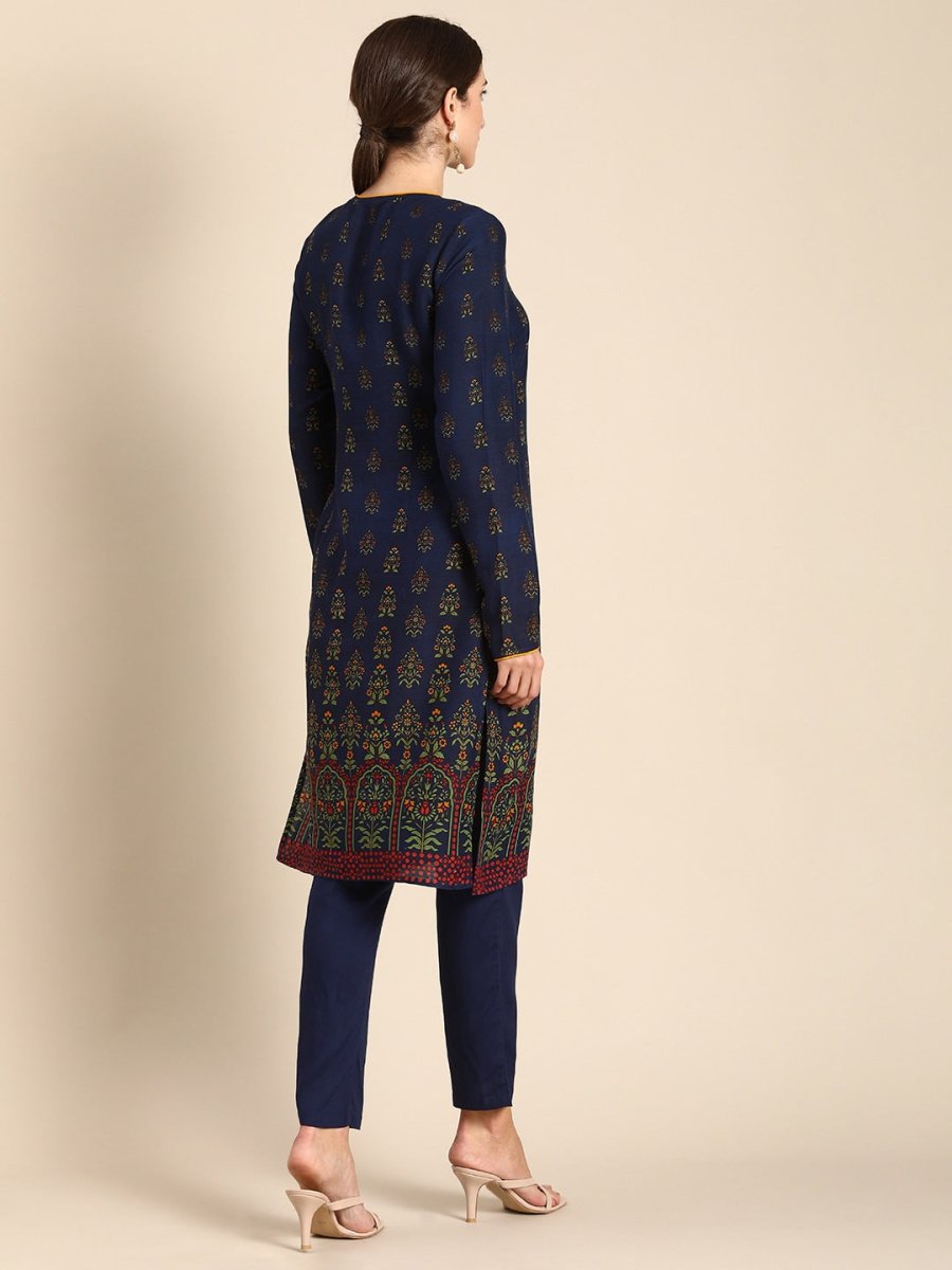 All About You Women Navy Blue Floral Printed Regular Long Sleeves Kurta with Trousers | Grocsy