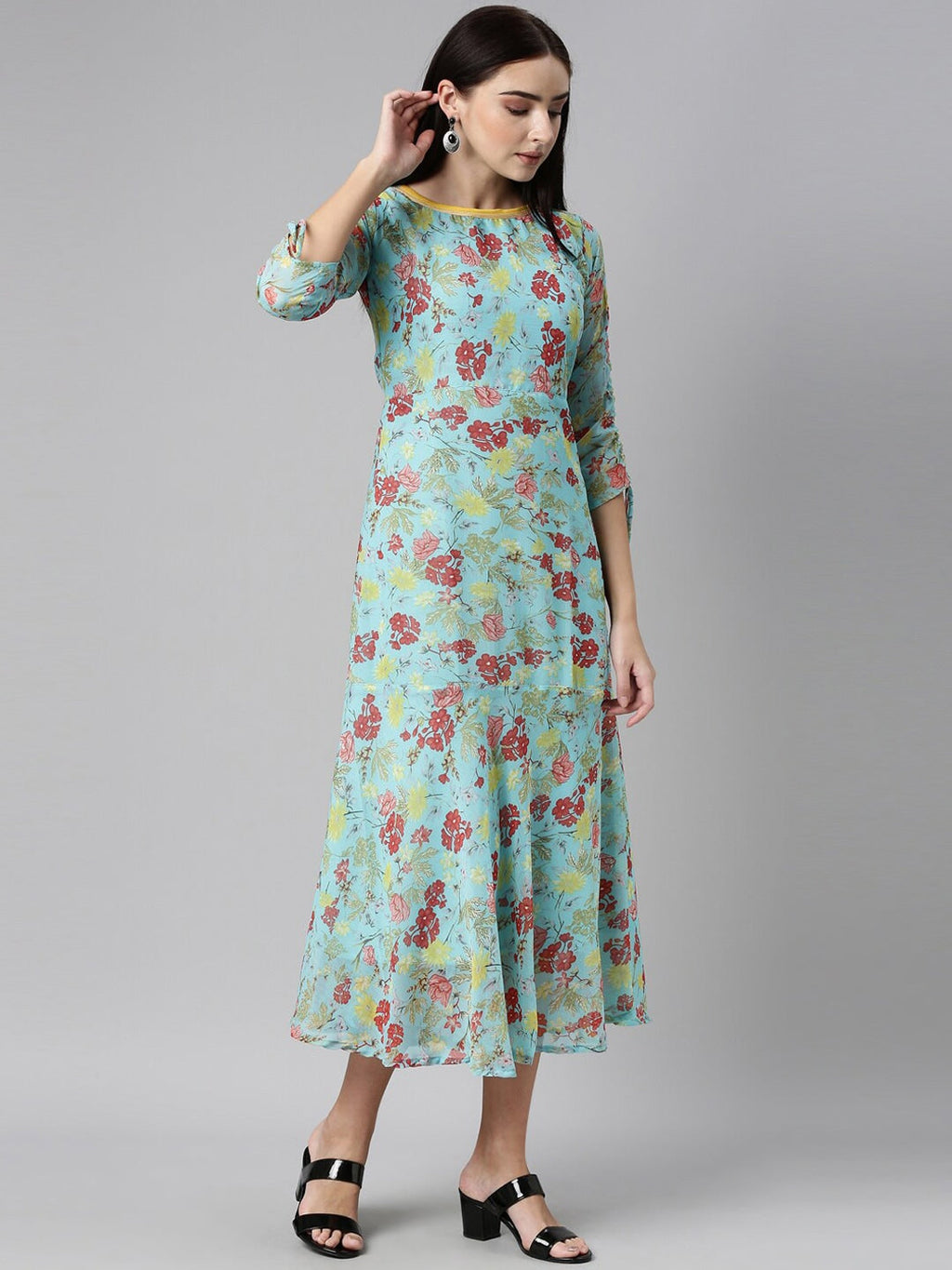 Souchii Blue Floral Printed Chiffon A-Line Midi Dress | Grocsy