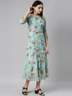 Souchii Blue Floral Printed Chiffon A-Line Midi Dress | Grocsy