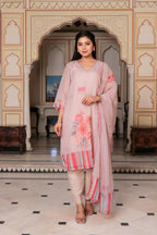 Vaasva Women Beige Tabby Slik Print & Embroidered Kurta, Pant & Dupatta set | Grocsy