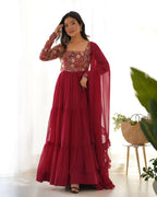 Teeya Creation Maroon Color Faux Georgette Heavy Multi Thread Work Functional Wear Gown | Grocsy