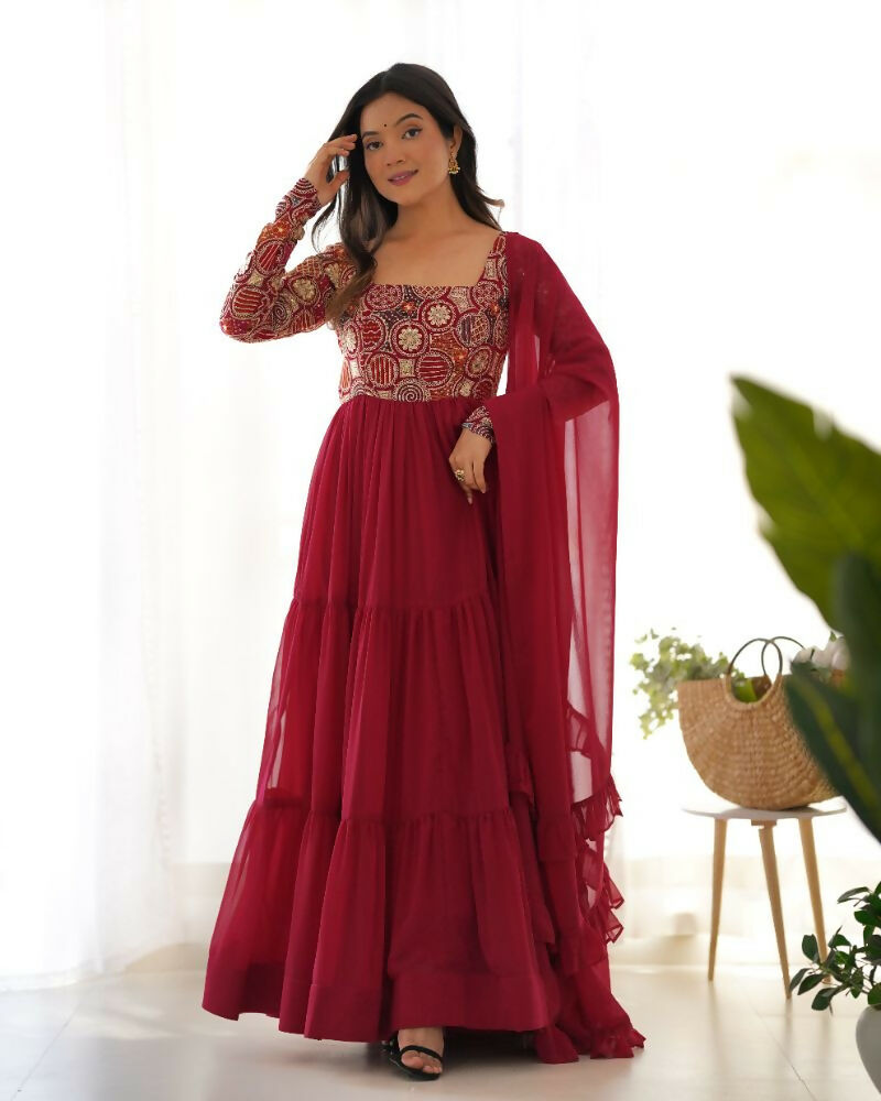 Teeya Creation Maroon Color Faux Georgette Heavy Multi Thread Work Functional Wear Gown | Grocsy