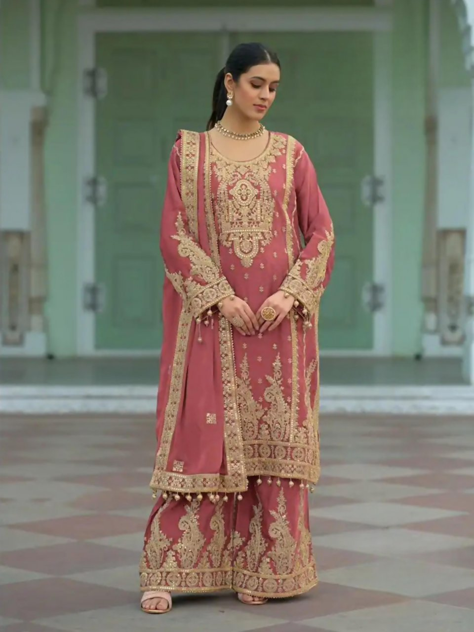 Anaita Coral Heavy Chinon Readymade Palazzo Suit with Heavy Embroidery Work | Grocsy