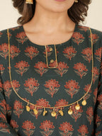 Aramya Straight Soft Cotton Ajrakh Print Women's Kurta Set - Green | Grocsy
