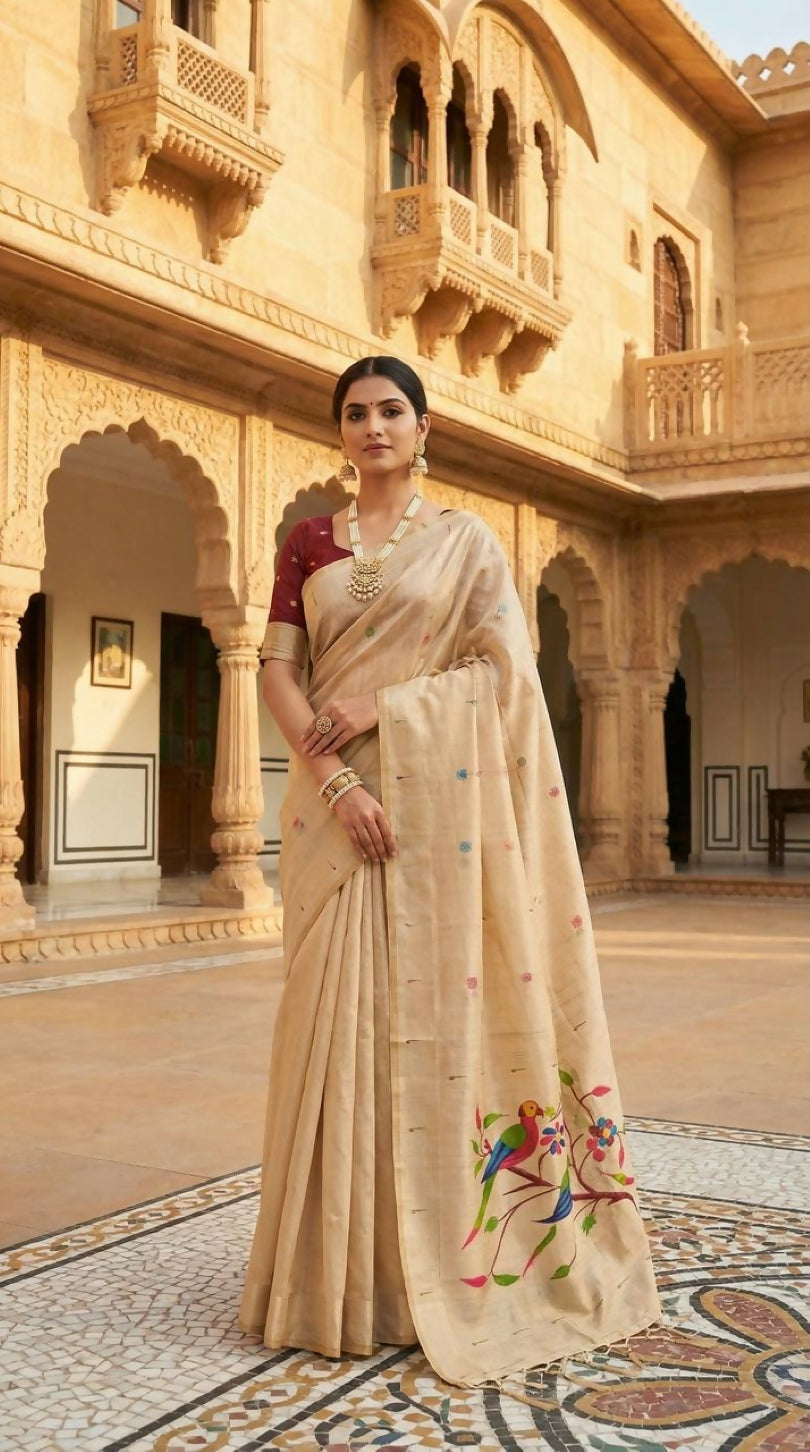 Vastranavya Cream Muga Cotton Meenakari & Munia Weaving Pallu Saree with Contrast Blouse | Grocsy