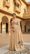 Vastranavya Cream Muga Cotton Meenakari & Munia Weaving Pallu Saree with Contrast Blouse | Grocsy