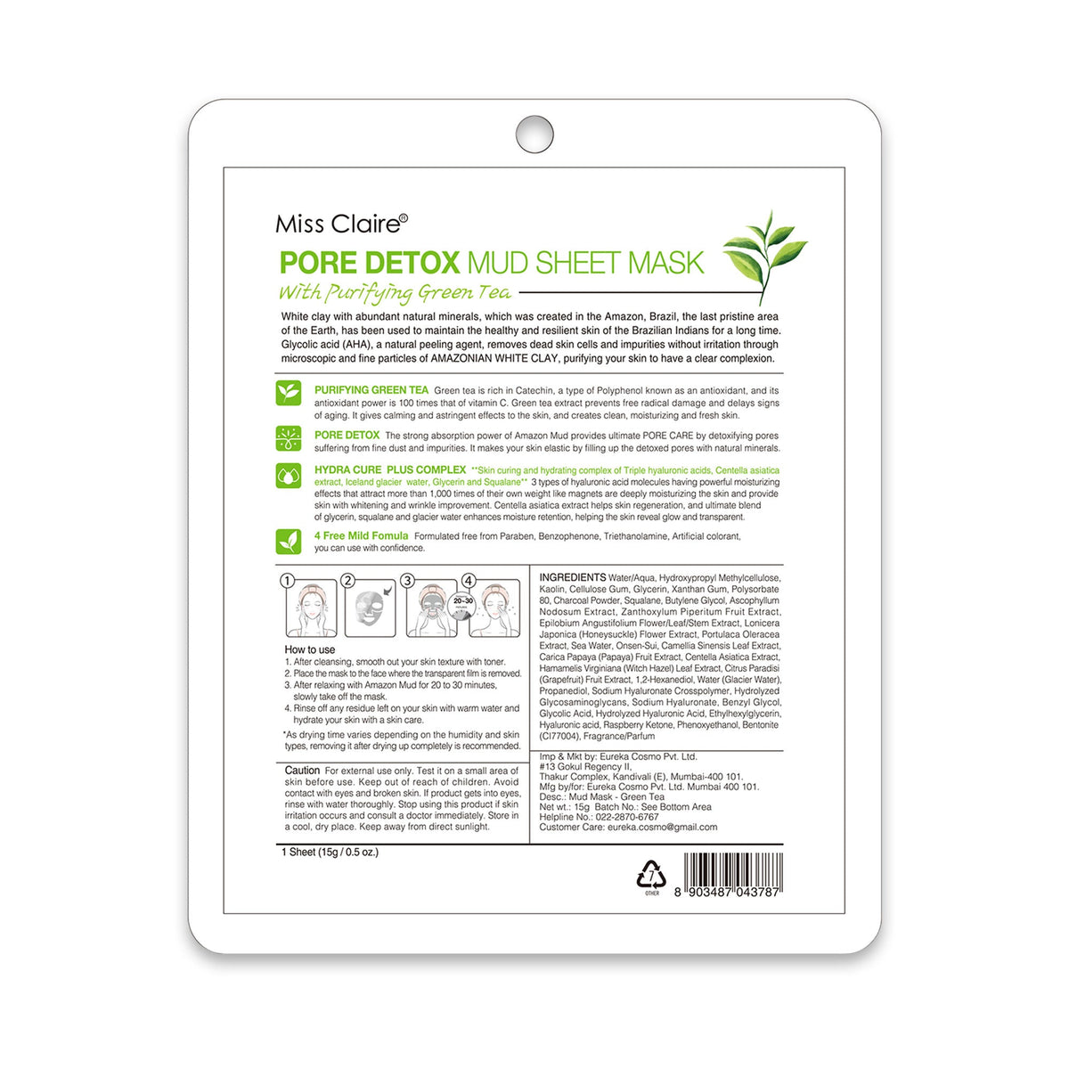 Miss Claire Pore Detox Mud Sheet Mask With Purifying Green Tea | Grocsy