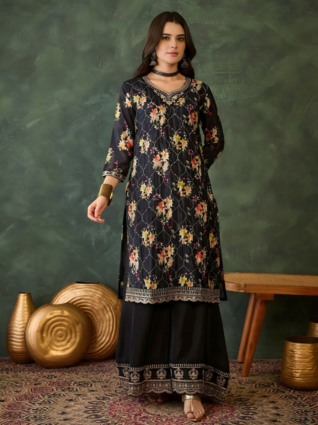 The52 Women's Gorgeous Embroidery Chinon Fabric Straight Kurta Palazzo and Dupatta Set-Black | Grocsy