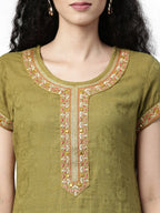 Souchii Olive Green Woven Design Kurta | Grocsy