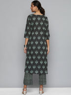 HERE&NOW Women Black & Green Printed Pure Cotton Kurta with Trousers | Grocsy