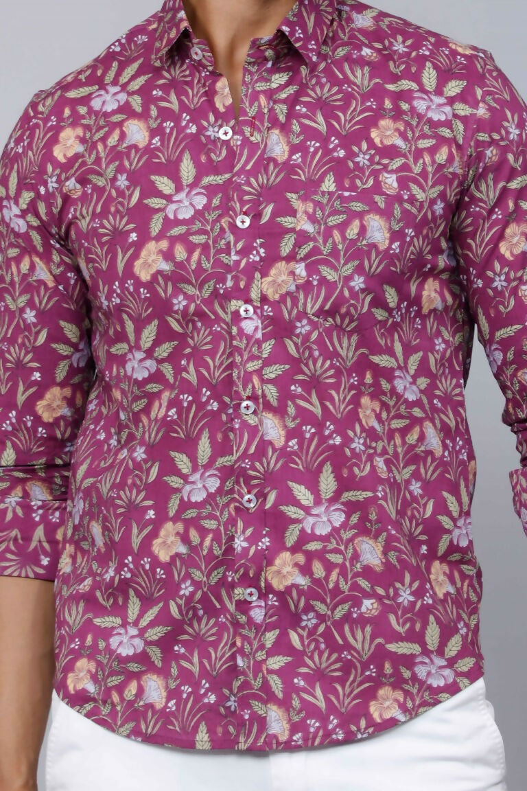 Miravan Men's Purple Comfort Foral Printed Casual Cotton Shirt | Grocsy